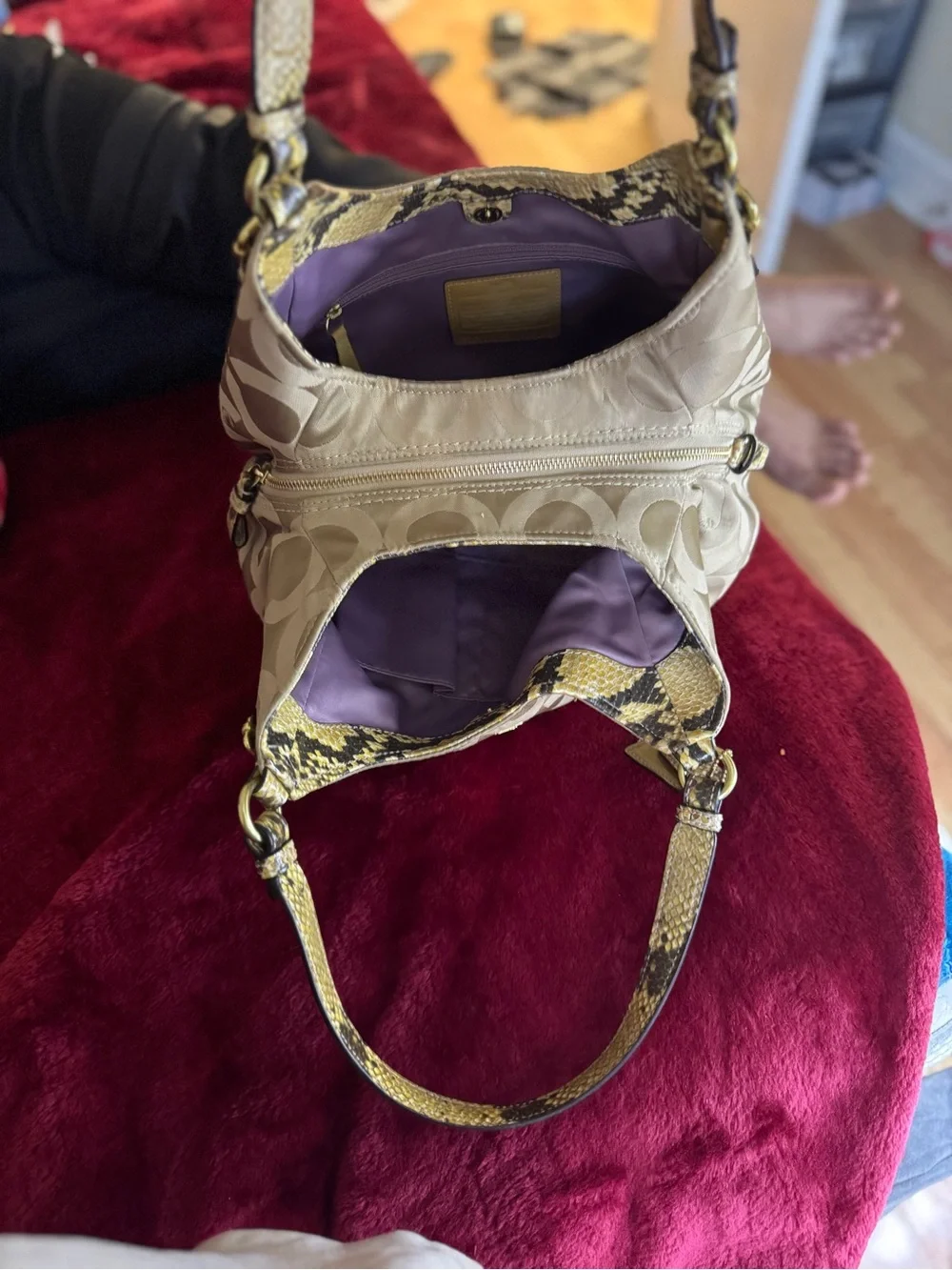 Coach Tan Signature Hobo with Snake-Trim Handles